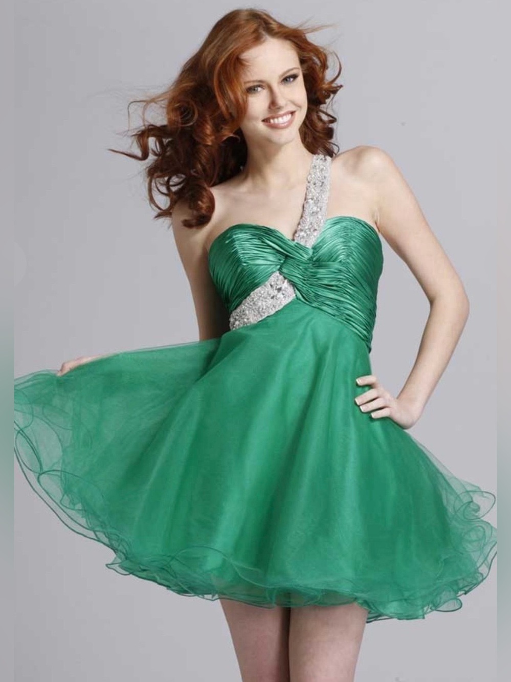 Clarisse one shoulder strap green rhinestone cocktail dress